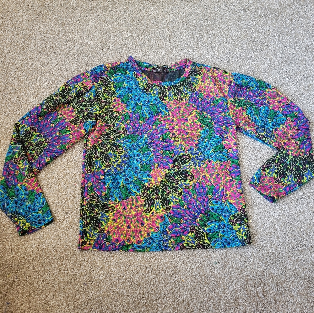 Zara Top Shirt Womens Small Blue Geometric Sheer Cropped Art to Wear